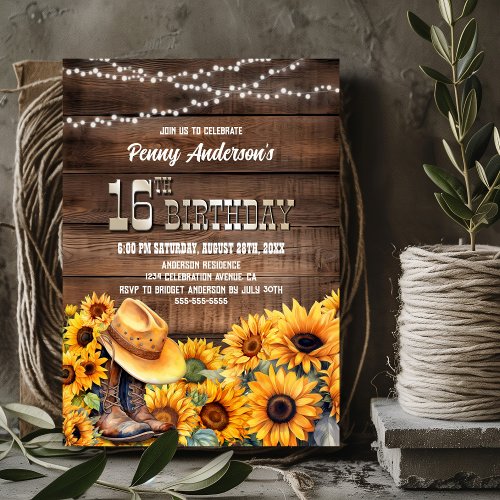 16th Birthday Party Rustic Wood Sunflower Invitation