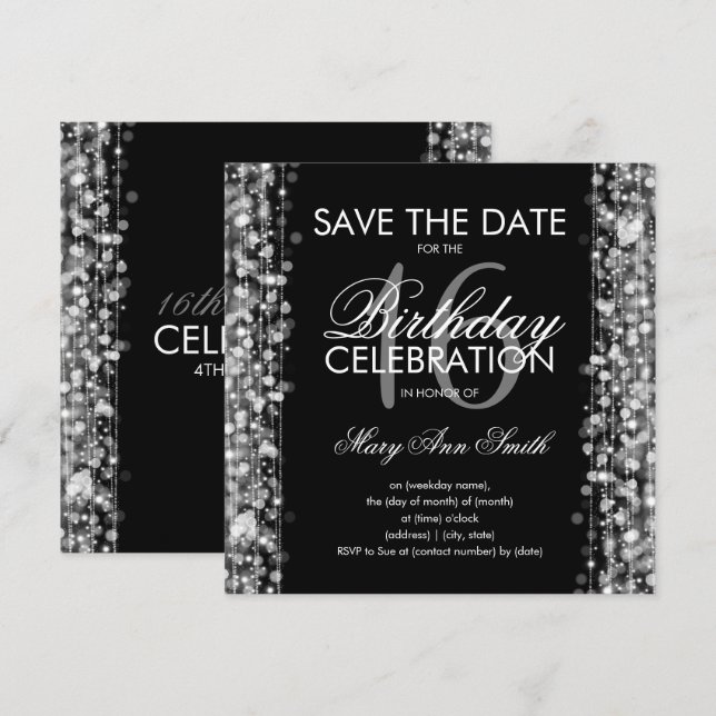 16th Birthday Party Save The Date Sparkles Silve Invitation (Front/Back)