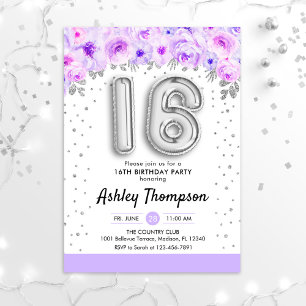 16th Birthday Party - Silver Balloons Purple Invitation