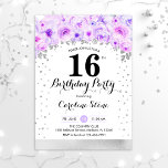 16th Birthday Party - Silver Purple Flowers Invitation<br><div class="desc">16th birthday party invitation. Elegant design in faux glitter silver with floral accent. Invite card with script font and confetti. Pastel purple and white. Perfect for a stylish thirtieth bday celebration. Message me if you need custom age.</div>