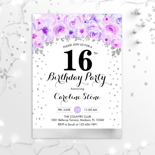 16th Birthday Party _ Silver Purple Flowers Invitation