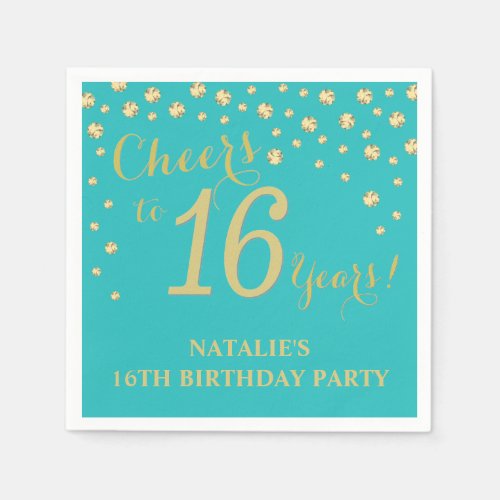 16th Birthday Party Teal and Gold Diamond Napkins