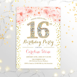 16th Birthday Party - White Gold Pink Invitation