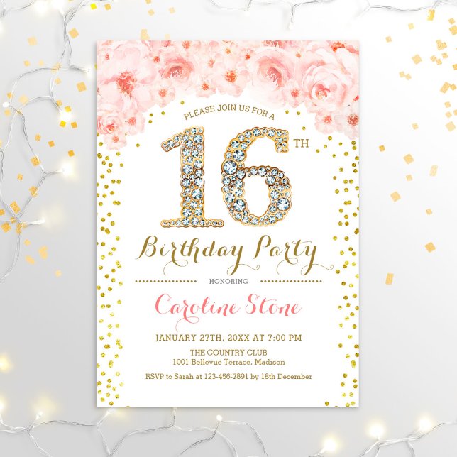 16th Birthday Party - White Gold Pink Invitation (Creator Uploaded)