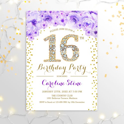 16th Birthday Party _ White Gold Purple Invitation