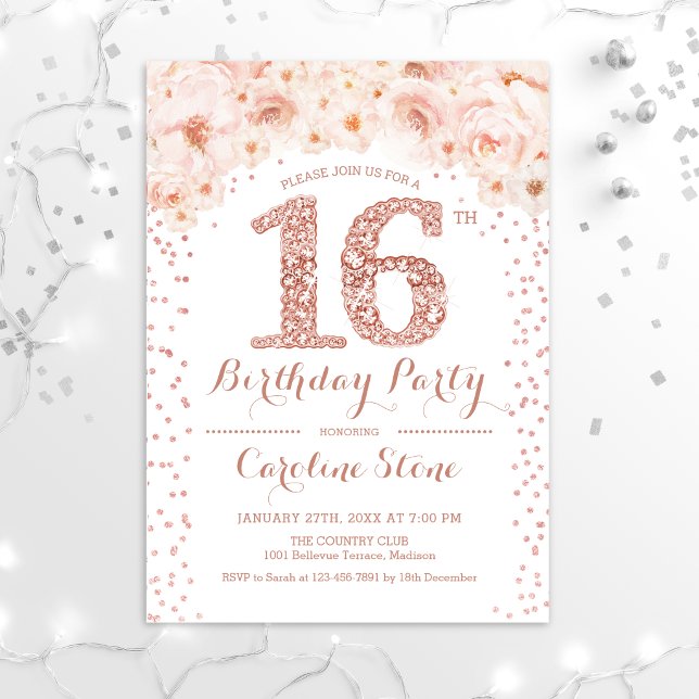 16th Birthday Party - White Rose Gold Invitation