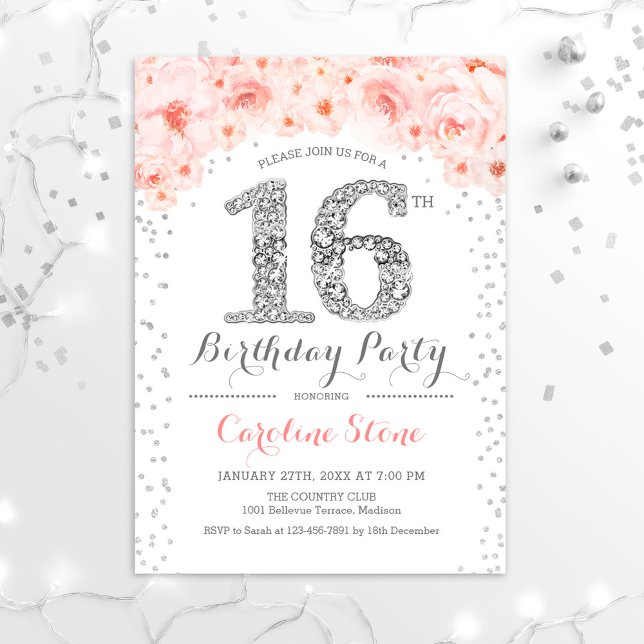 16th Birthday Party - White Silver Pink Invitation (Creator Uploaded)