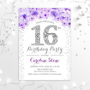 16th Birthday Party - White Silver Purple Invitation