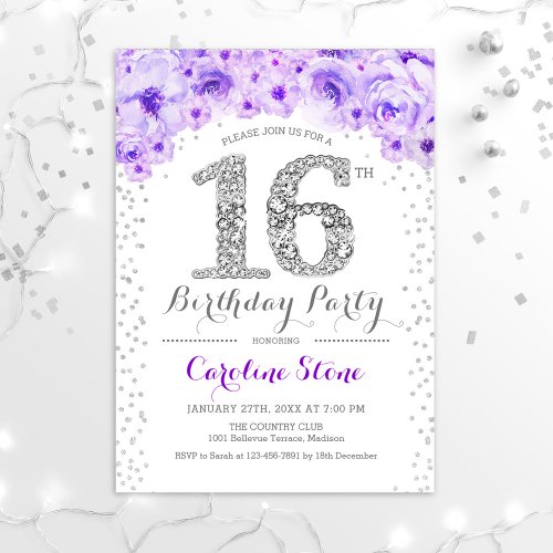 16th Birthday Party _ White Silver Purple Invitation
