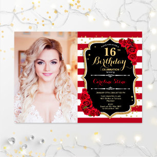 16th Birthday Party With Photo - Black Gold Red Invitation