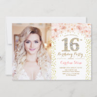 16th Birthday Party With Photo - Gold Pink Floral