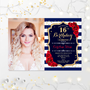 16th Birthday Party With Photo - Navy Gold Red Invitation