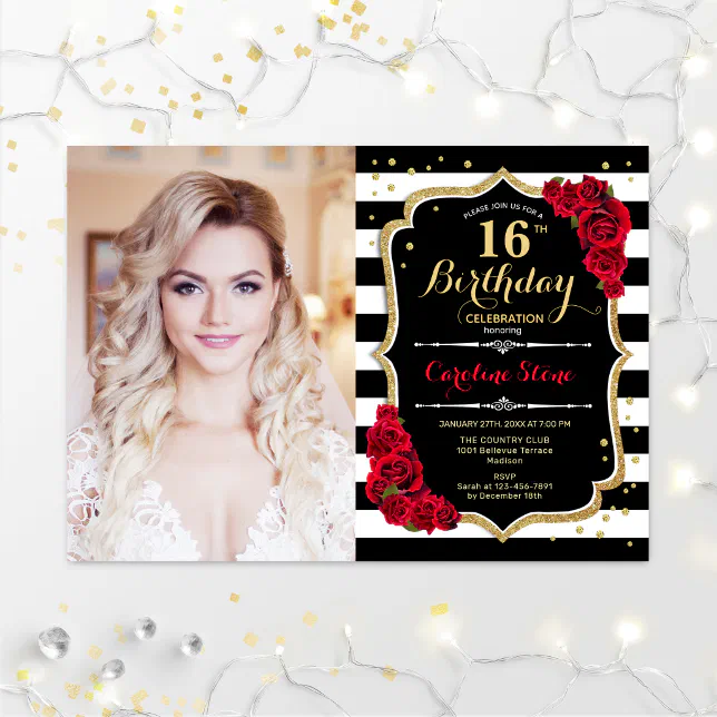 16th Birthday Party With Photo - Red Gold Black Invitation | Zazzle