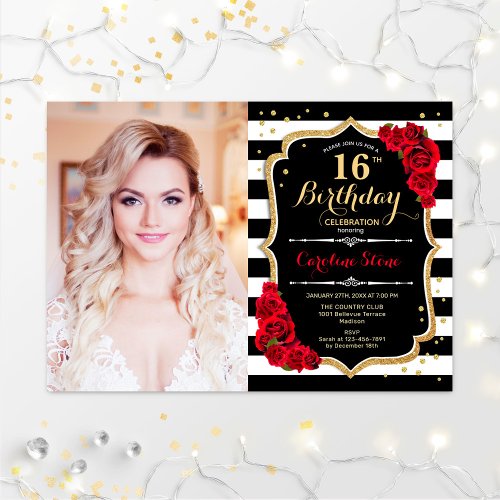 16th Birthday Party With Photo _ Red Gold Black Invitation