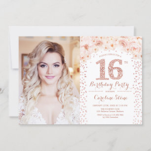 16th Birthday Party With Photo - Rose Gold Floral Invitation