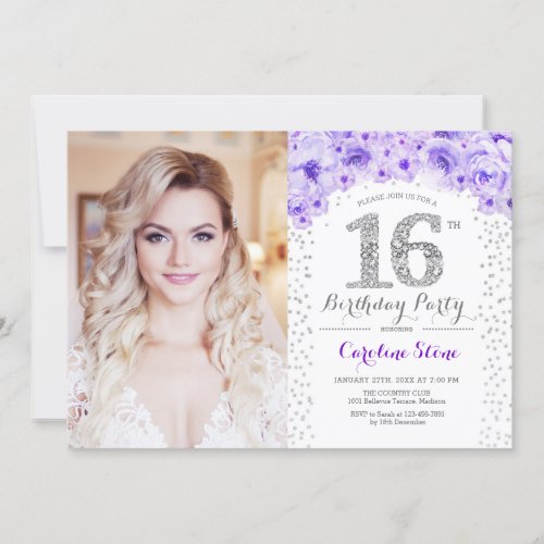 16th Birthday Party With Photo _ Silver Purple Invitation