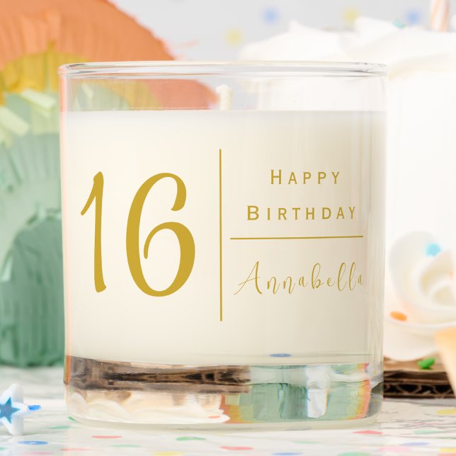16th Birthday | Personalized Contemporary Gold Scented Candle (16th Birthday Scented Candle, Gold Font, Simple and Contemporary)