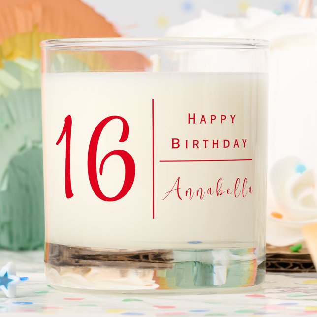 16th Birthday | Personalized Contemporary Red Scented Candle (16th birthday celebration scented candle. Personalize with recipient name. Red Font.)