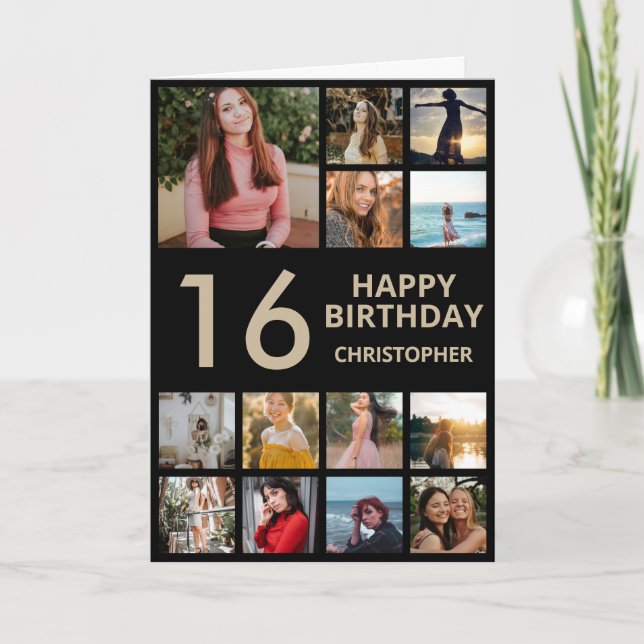 16th Birthday Photo Collage 13 Photos Black & Gold Card (Front)