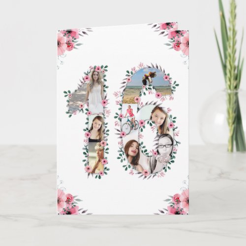 16th Birthday Photo Collage Girl Pink Flower White Card