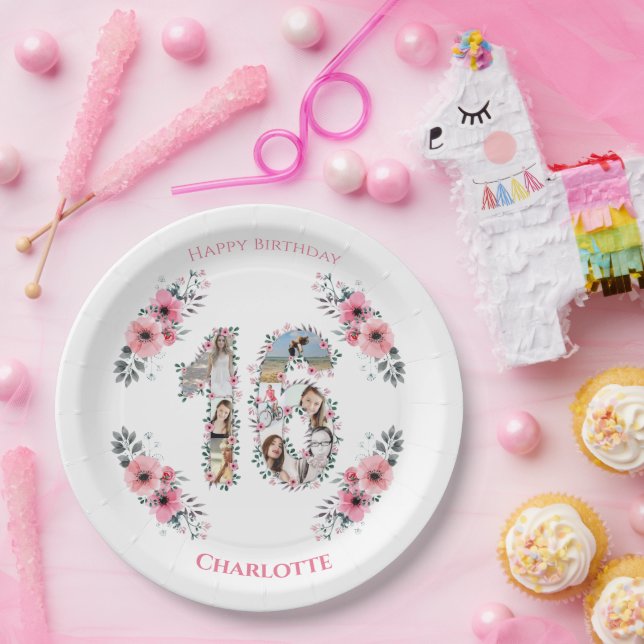 16th Birthday Photo Collage Girl Pink Flower White Paper Plates (Party)