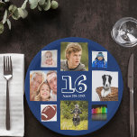 16th birthday photo collage navy blue boy paper plates<br><div class="desc">A paper plate for a 16th birthday party for a boy,  celebrating his life with a collage of 8 of your photos.  Personalize and add age 16 and a date.  Date of birth or the date of the party.  White colored letters.  Navy blue background.</div>