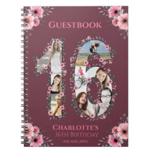 16th Birthday Photo Collage Pink Flower Guest Book