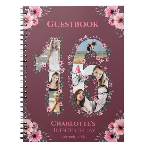 16th Birthday Photo Collage Pink Flower Guest Book