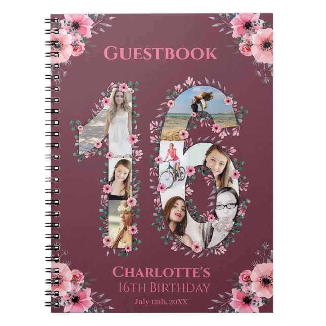 16th Birthday Photo Collage Pink Flower Guest Book (Front)