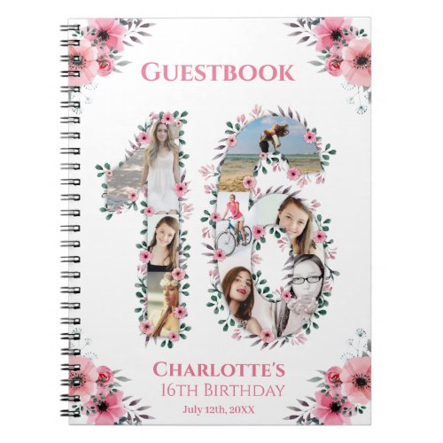 16th Birthday Photo Collage Pink Flower Guest Book