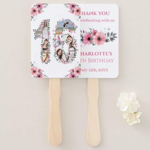 16th Birthday Photo Collage Pink Girl Flower White Hand Fan