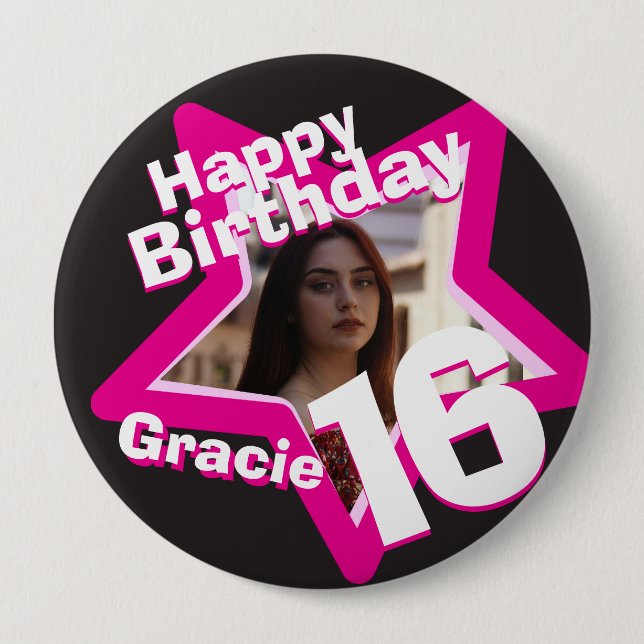 16th Birthday photo fun hot pink button/badge Button (Front)