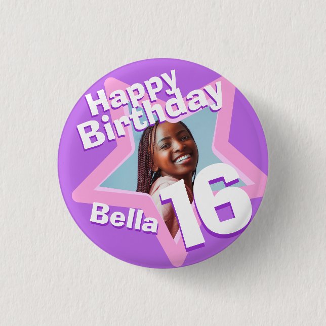 16th Birthday photo fun purple pink button/badge Button (Front)