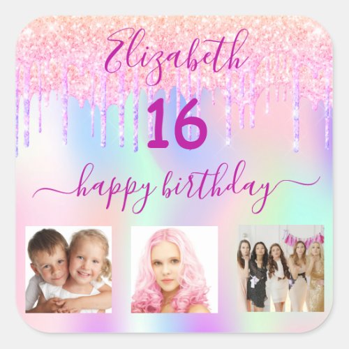 16th birthday photo glitter rainbow holographic square sticker