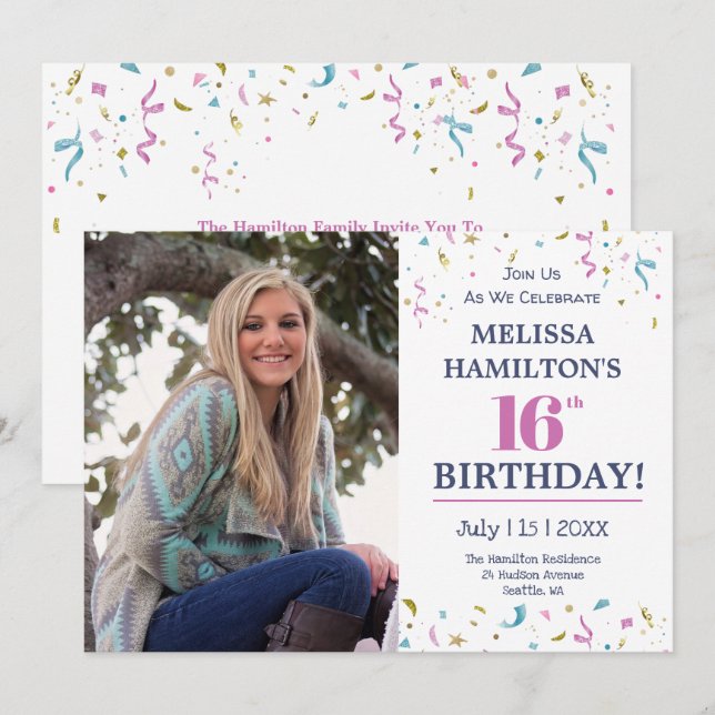 16th Birthday - Photo Party Invitation (Front/Back)