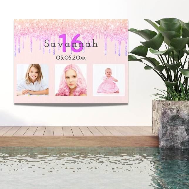 16th birthday photo pink gold drips sign (Creator Uploaded)