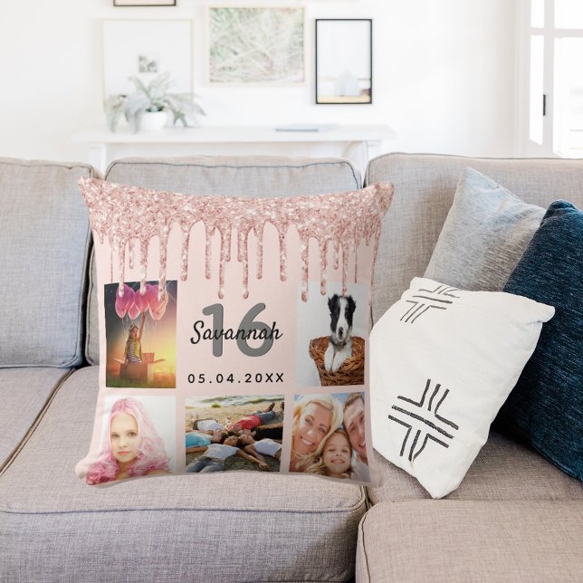 16th birthday photo rose gold glitter blush pink throw pillow (Creator Uploaded)