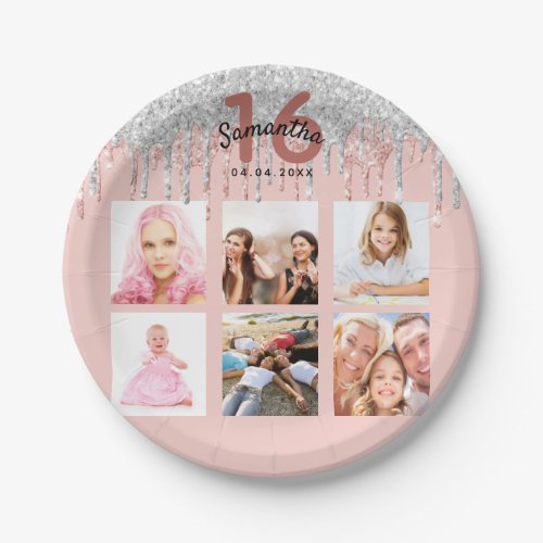 16th birthday photo rose gold glitter pink silver paper plates