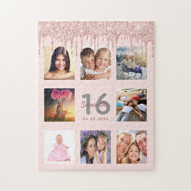 16th birthday photo rose gold pink drips jigsaw puzzle (Vertical)