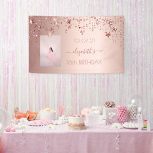 16th birthday photo rose gold pink glittery stars banner