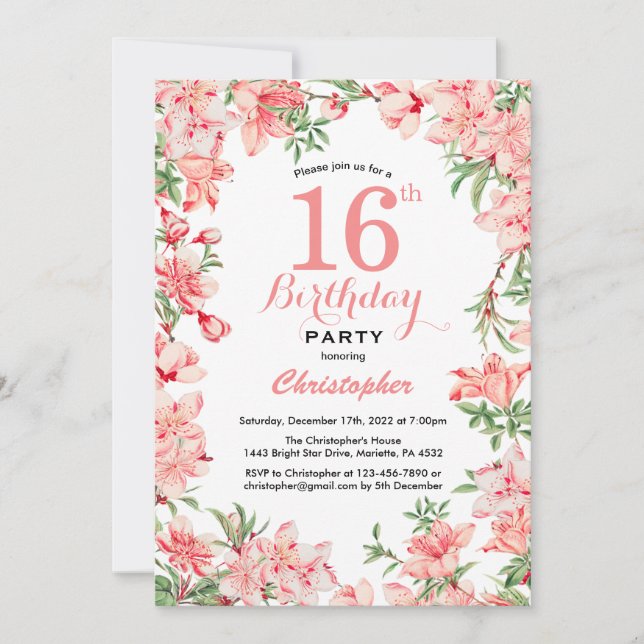 16th Birthday Pink Boho Botanical Floral Flowers Invitation (Front)