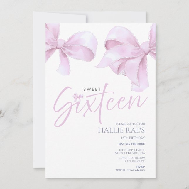 16th Birthday Pink Bow Sweet Sixteen  Invitation (Front)
