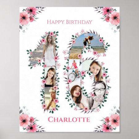 16th Birthday Pink Flower Girl Photo Collage White Poster