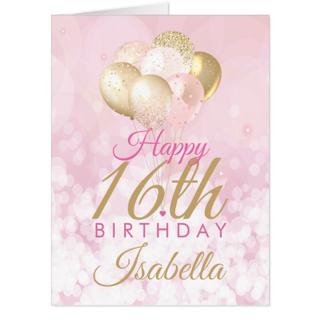 16th Birthday Pink Glitter Balloons BIG Card (Front)