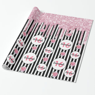 16th birthday pink glitter black white stripes wrapping paper