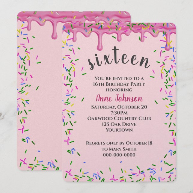 16th Birthday Pink Icing And Sprinkles Invitation (Front/Back)