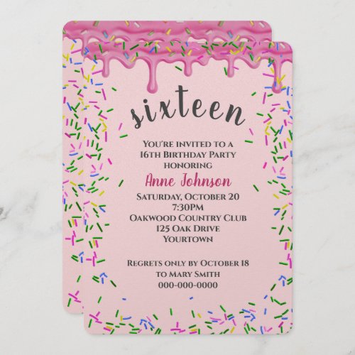 16th Birthday Pink Icing And Sprinkles Invitation