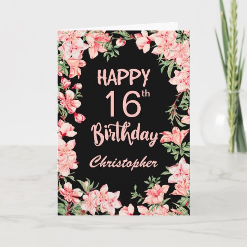 16th Birthday Pink Peach Watercolor Floral Black Card