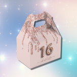 16th birthday pink rose gold glitter thank you favor boxes<br><div class="desc">Elegant, classic, glamorous and girly for a Sweet 16, 16th birthday party. Blush pink background. Decorated with rose gold faux glitter drips, paint dripping look. On front and the back: Personalize and add a name. The name is written with a modern dark rose colored hand lettered style script with swashes....</div>