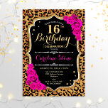 16th Birthday - Pink Roses Leopard Print Invitation<br><div class="desc">16th Birthday Invitation.
Elegant pink black design with faux glitter gold. Features leopard cheetah animal print,  script font and hot pink roses. Perfect for an elegant birthday party. Can be personalized into any year! Message me if you need further customization.</div>